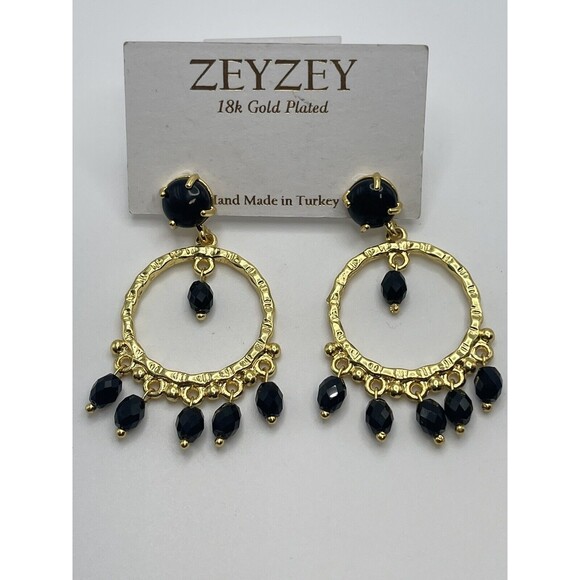 ZeyZey Jewelry - ZEYZEY 18 Karat Gold Plated Adorned Gold Dangle Hoop Earrings With Black Beads N